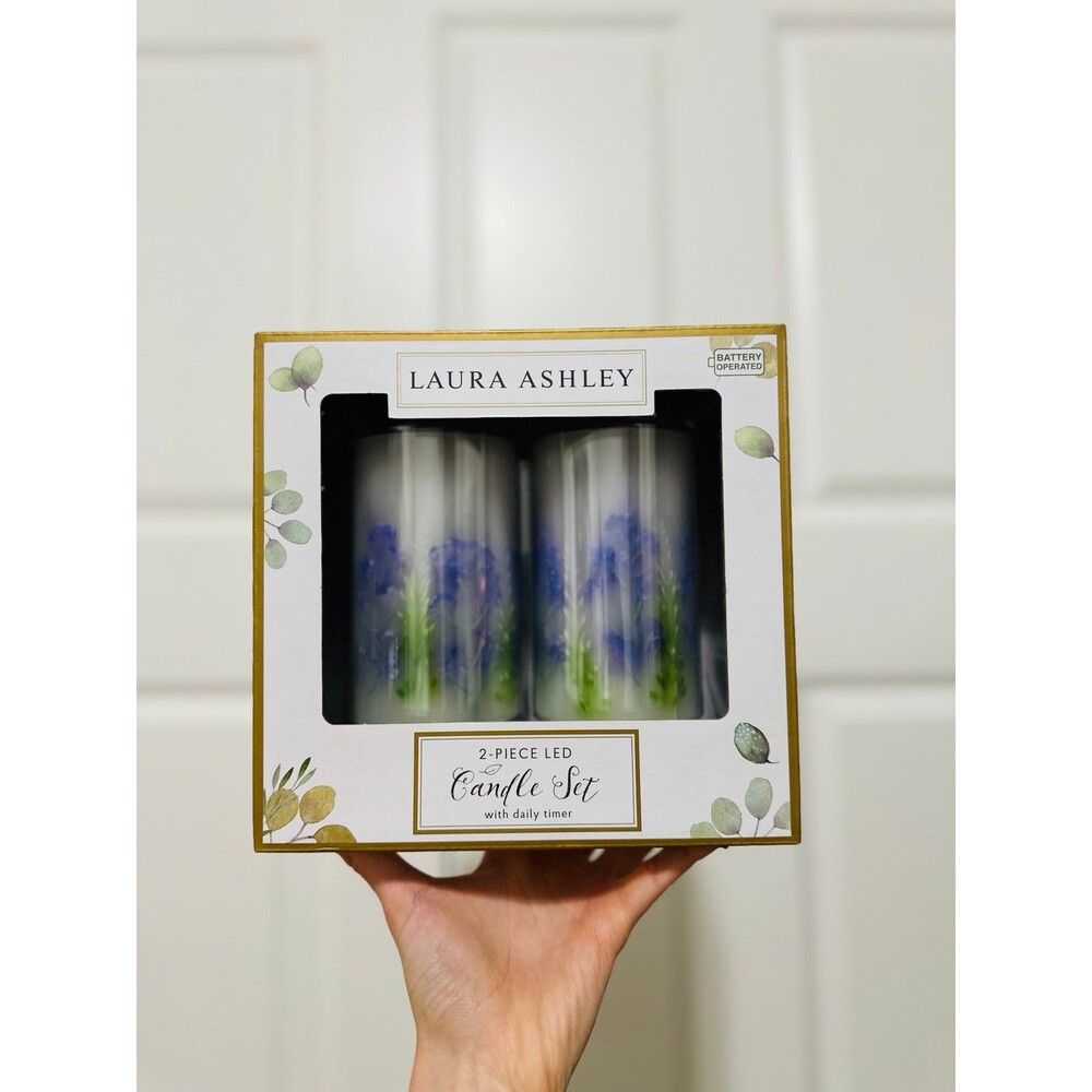Laura Ashley LED Flameless Candle Set of 2 White Flower Daily Timer Battery NWT